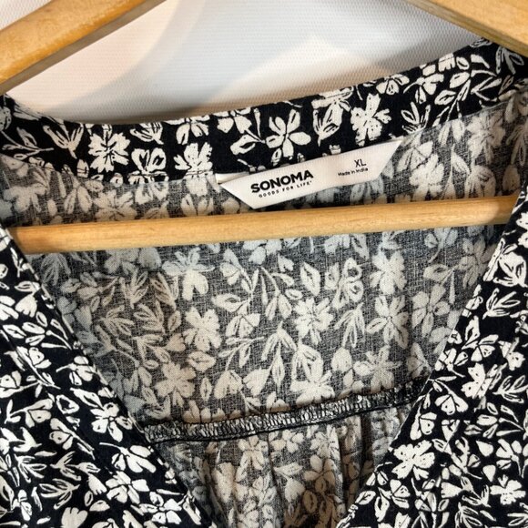 Sonoma Womens Linen Maxi Dress Size XL Black White Floral Peasant Button Front - Picture 7 of 10